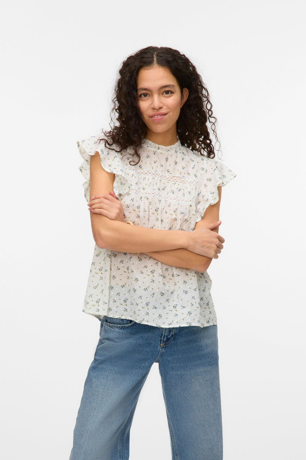 Vero Moda Trine Lace Top - Snow White Maguerite Blue Jasper