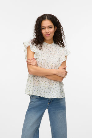 Vero Moda Trine Lace Top - Snow White Maguerite Blue Jasper
