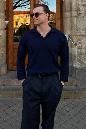 Strikkede Langærmede Polo - Navy