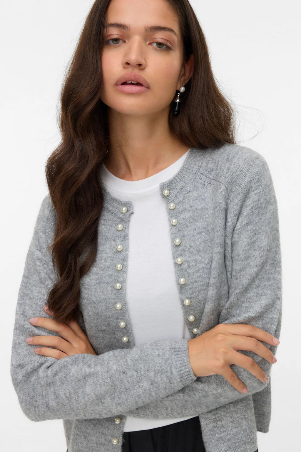 Magalene O-Neck Pearl Cardigan - Medium Grå Melange