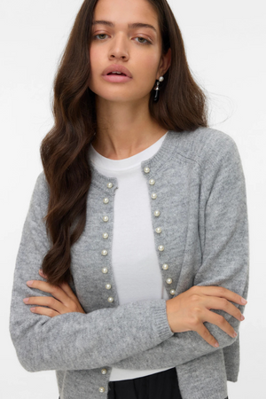 Magalene O-Neck Pearl Cardigan - Medium Grå Melange