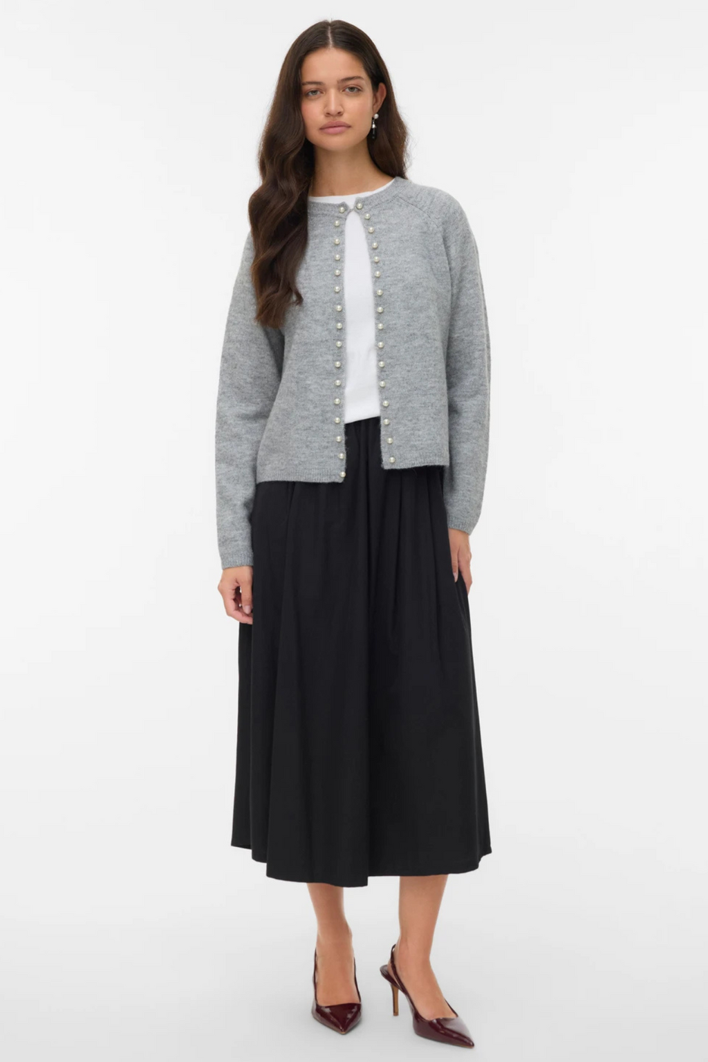 Magalene O-Neck Pearl Cardigan - Medium Grå Melange