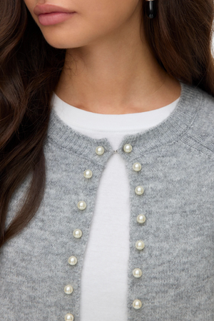 Magalene O-Neck Pearl Cardigan - Medium Grå Melange
