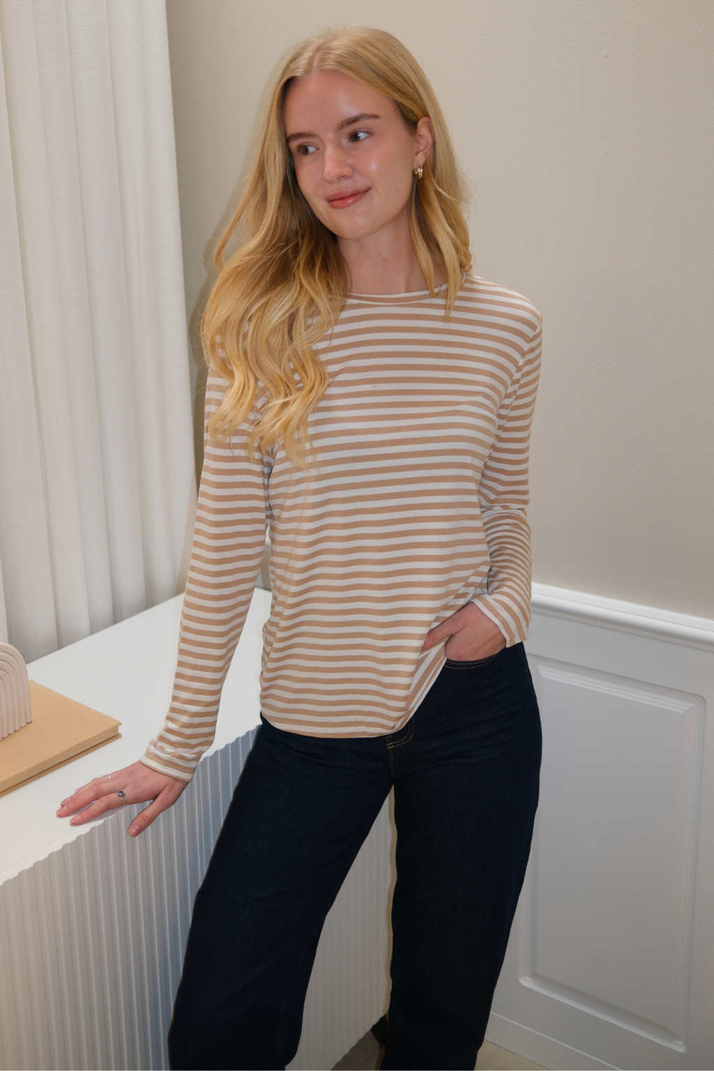 Stribet Langærmet Slim Fit - Beige