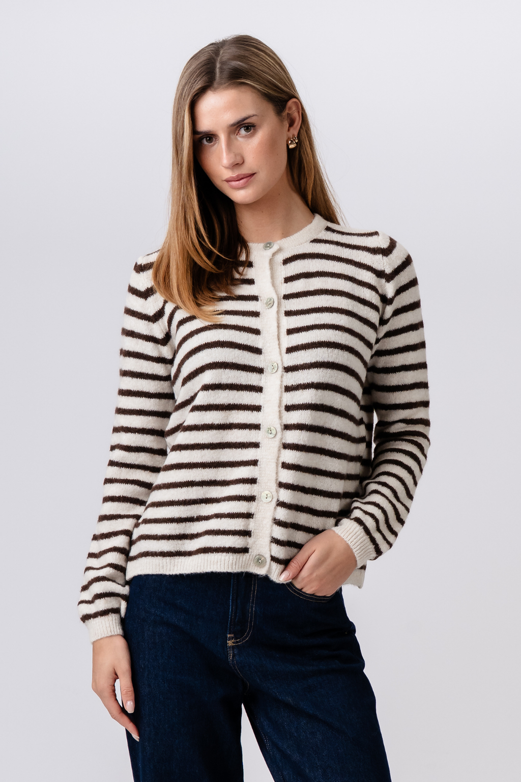 Crizette Stribet Strik Cardigan - Råhvid/Brun