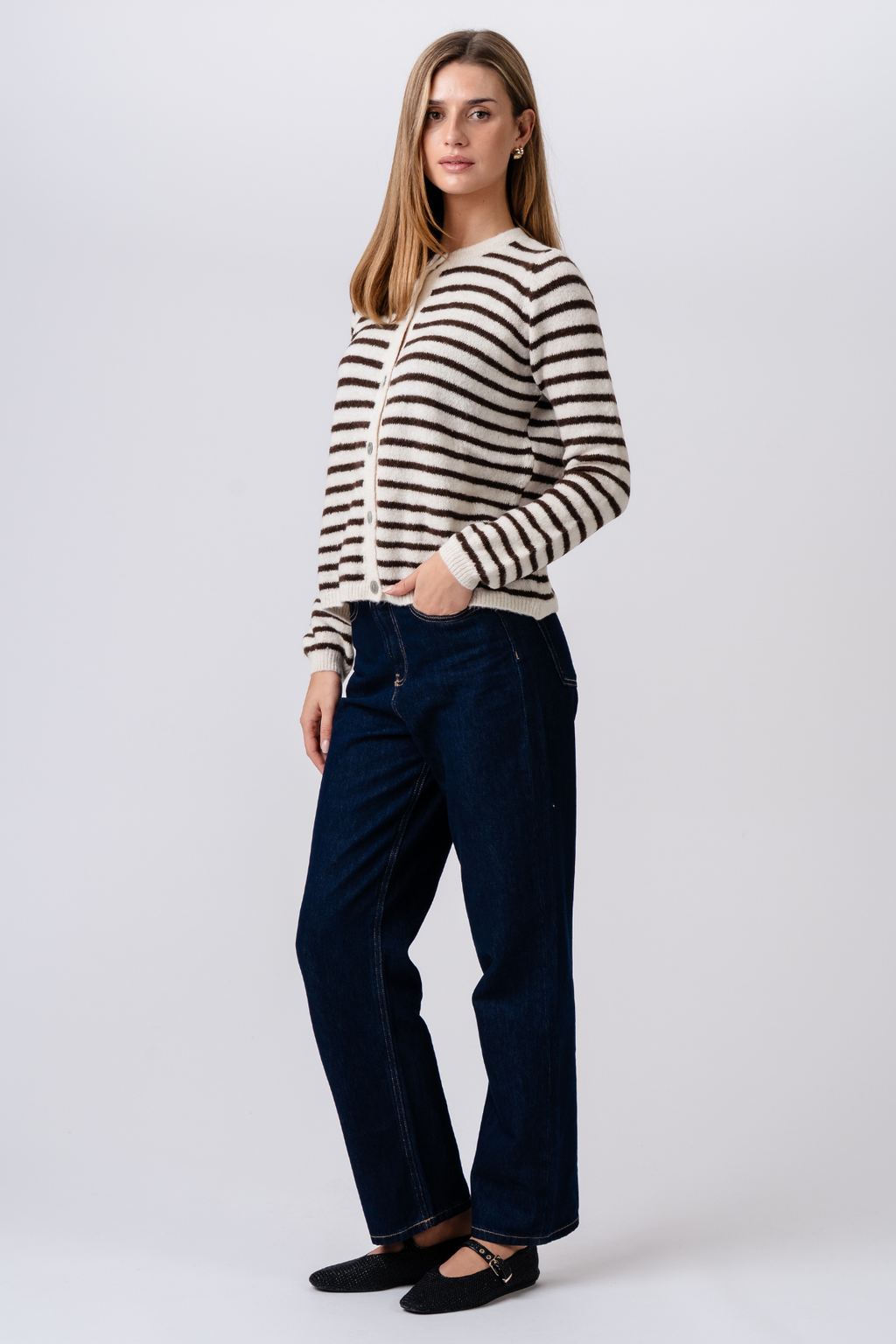 Crizette Stribet Strik Cardigan - Råhvid/Brun