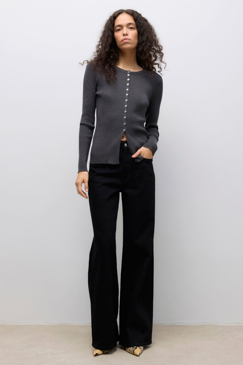 Ukino O-Neck Strik Cardigan - Mørkegrå Melange