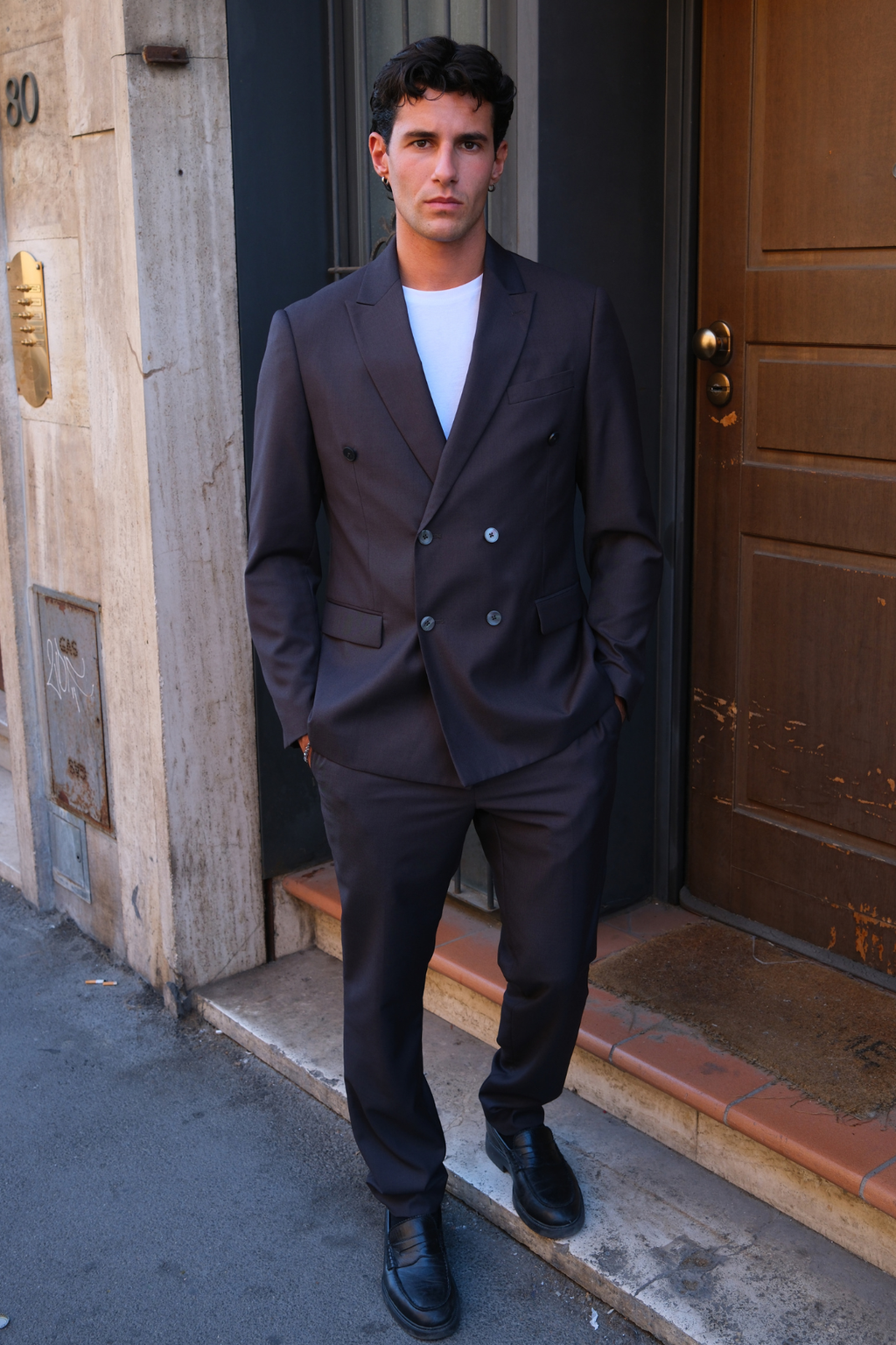 Premium Dobbeltradet Jakkesæt (Gråbrun)