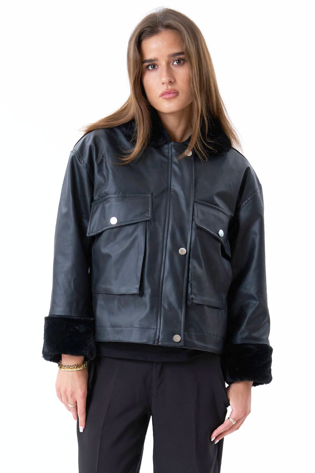 Faux Leather Shearling Jacket - Sort