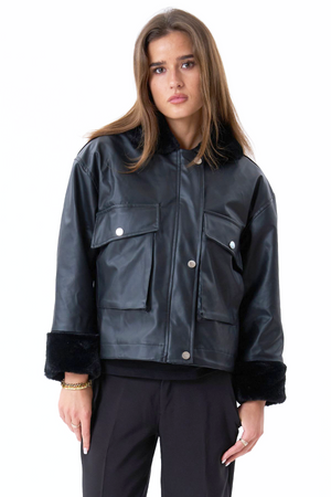 Faux Leather Shearling Jacket - Sort