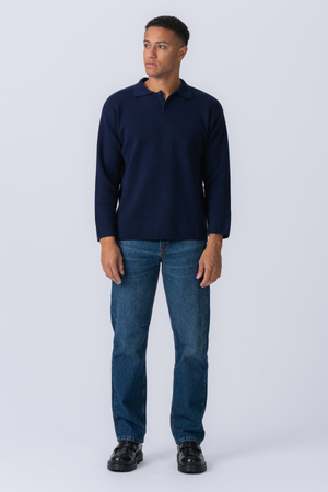 Strikkede Langærmede Polo - Navy