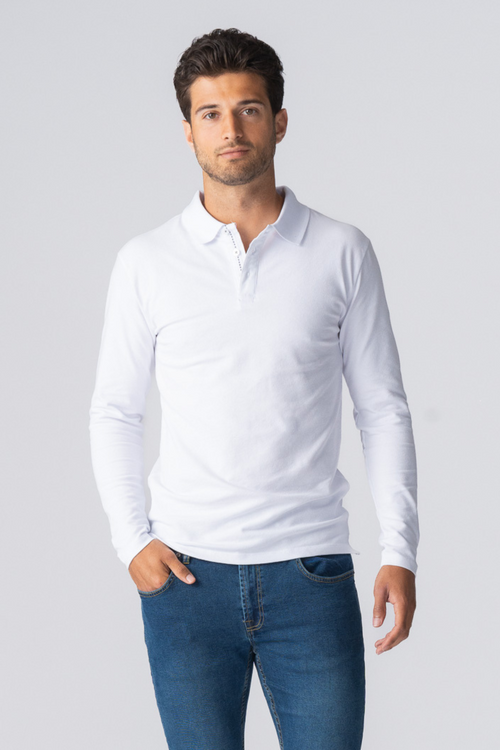 Muscle langærmet Polo Shirt - Hvid