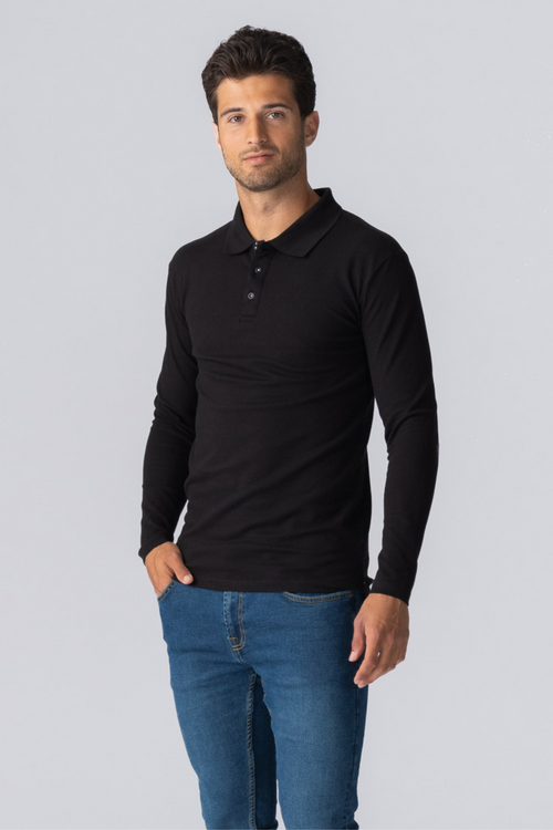 Muscle langærmet Polo Shirt - Sort