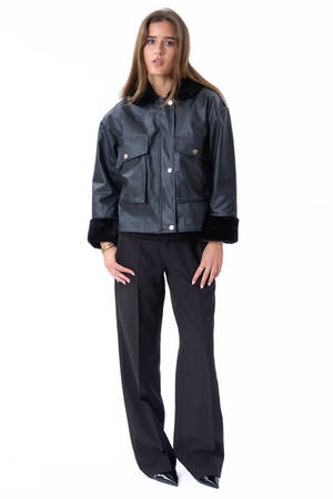 Faux Leather Shearling Jacket - Sort