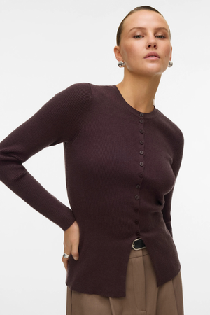 Ukino Strikcardigan med Rund Hals - Chocolate Plum