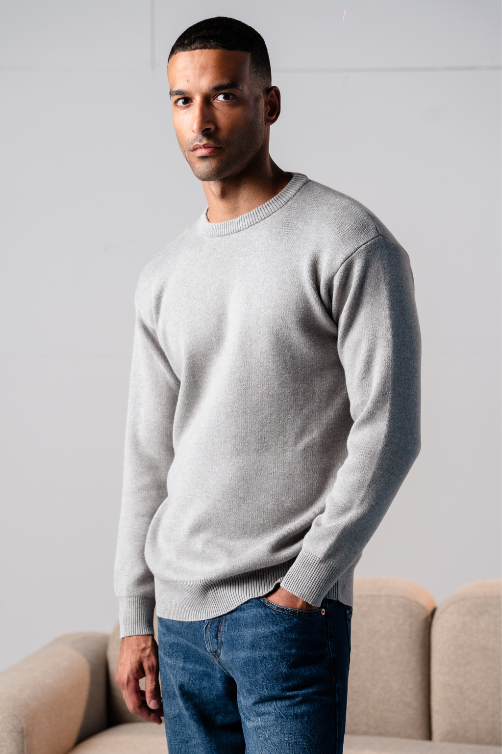 Crewneck Knit Sweater - Lysegrå