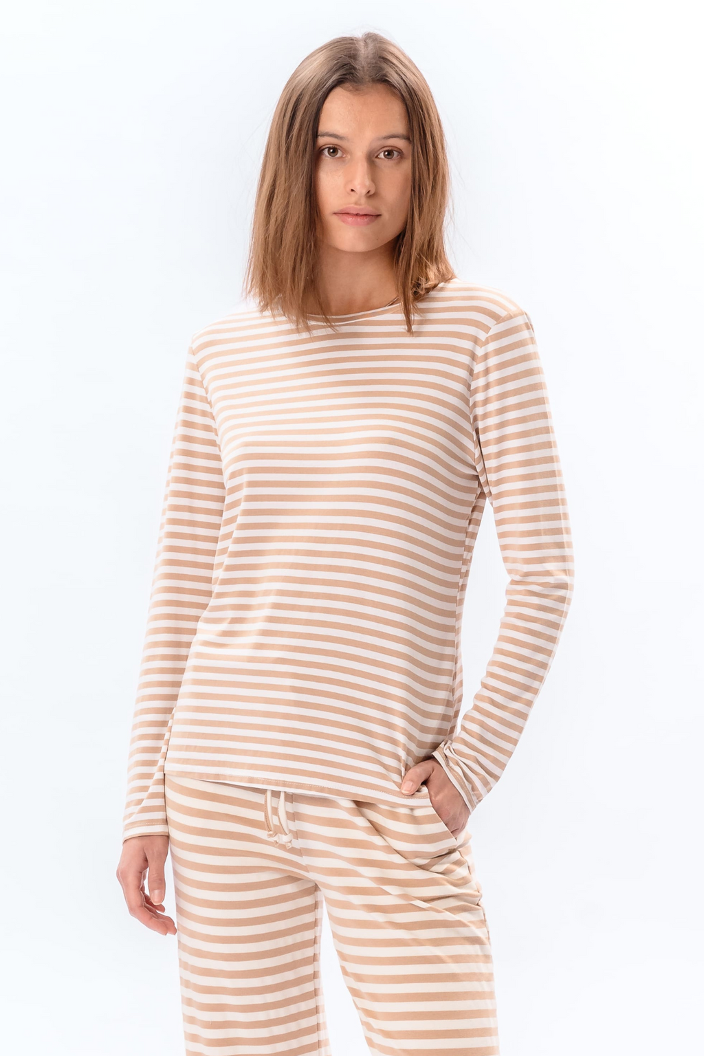 Stribet Langærmet Slim Fit - Beige
