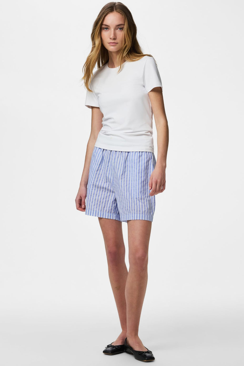 Olly Shorts med høj talje - Lyseblå Stribet