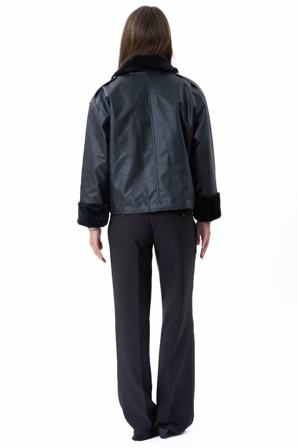Faux Leather Shearling Jacket - Sort