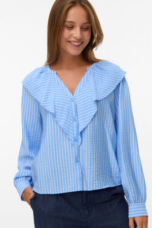Kaja V-Neck Frill Skjorte - Vista Blue Sandra