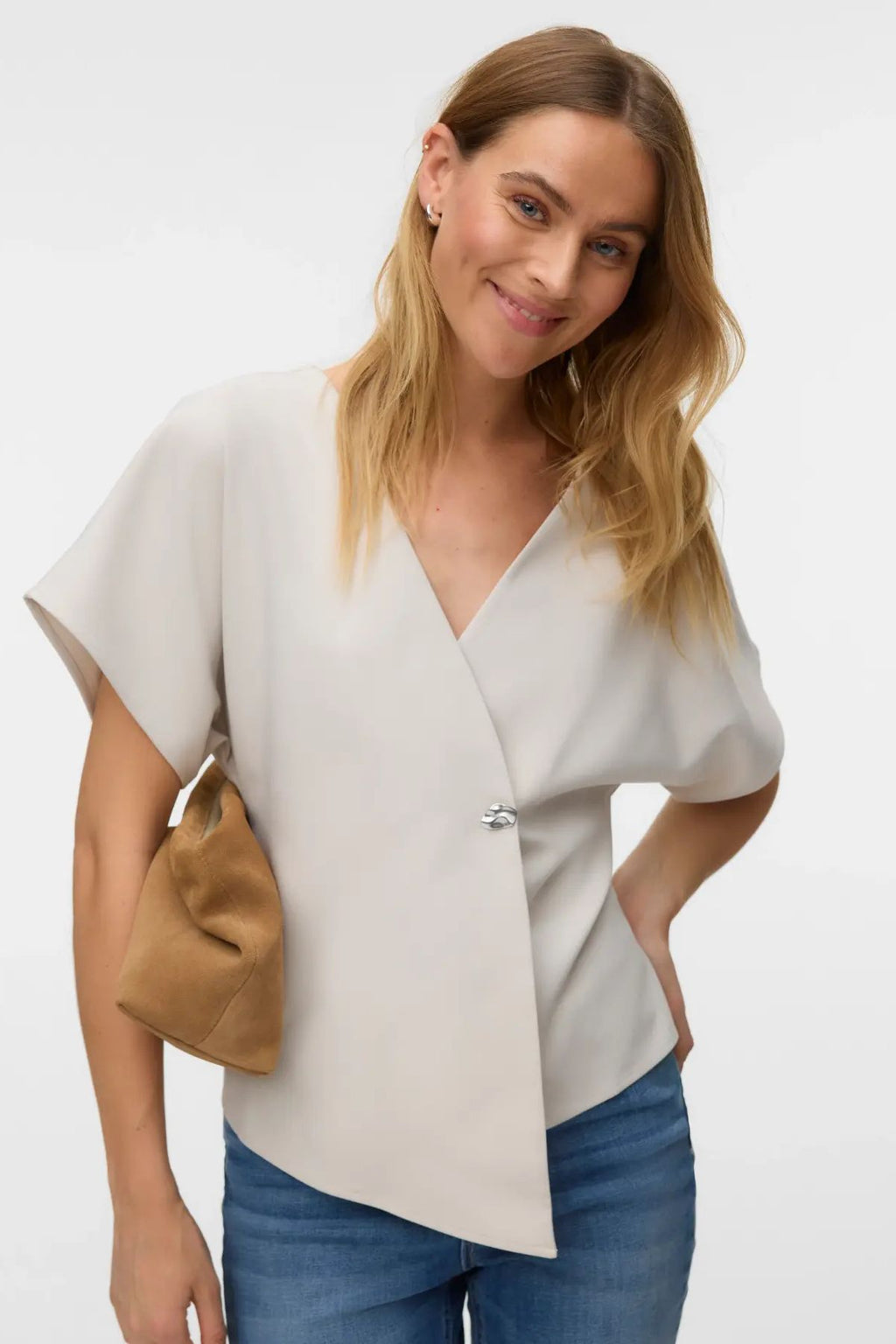 Sonja V-Neck Top - Beige/Sølv-knap