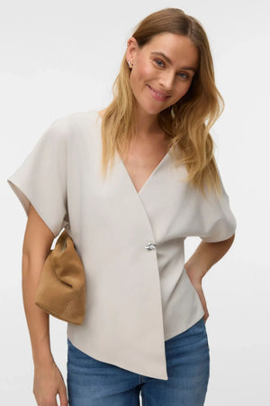 Sonja V-Neck Top - Beige/Sølv-knap