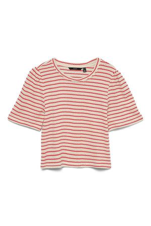 Ohia 2/4 O-Neck Top - Birch Stripes - Poinsettia
