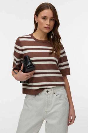 Silje 2/4 O-Neck Oversize Stribet Trøje - Birch And Chocolate Torte