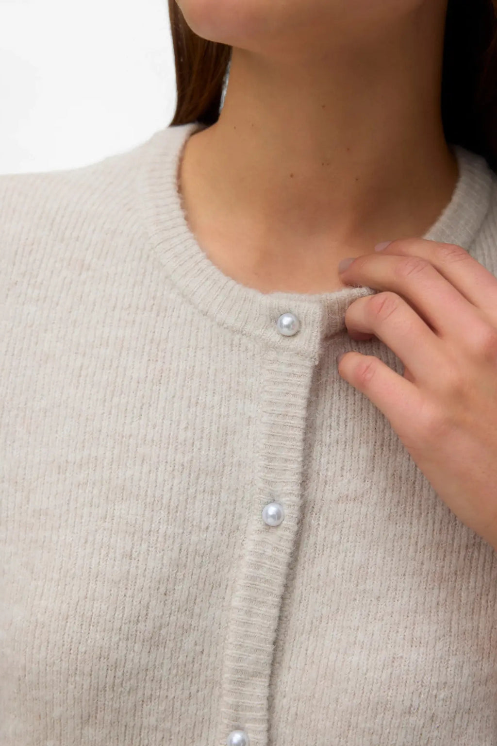 Lefile 2/4 O-Neck Perle Cardigan - Pumice Stone Melange