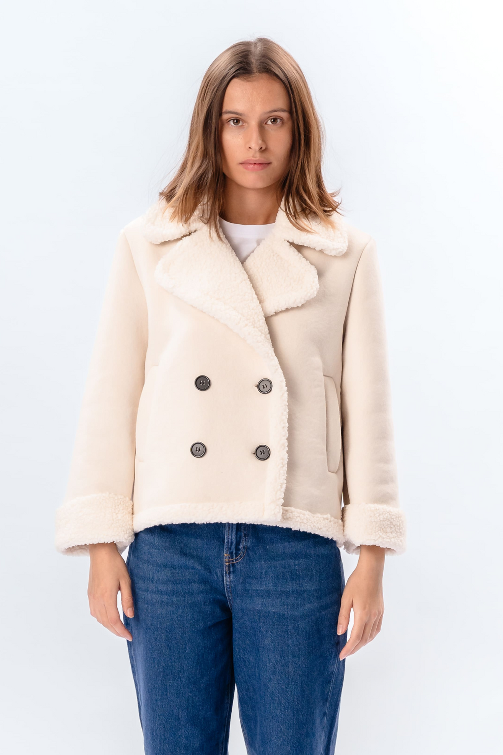 Shearling Kort Frakke - Chalk