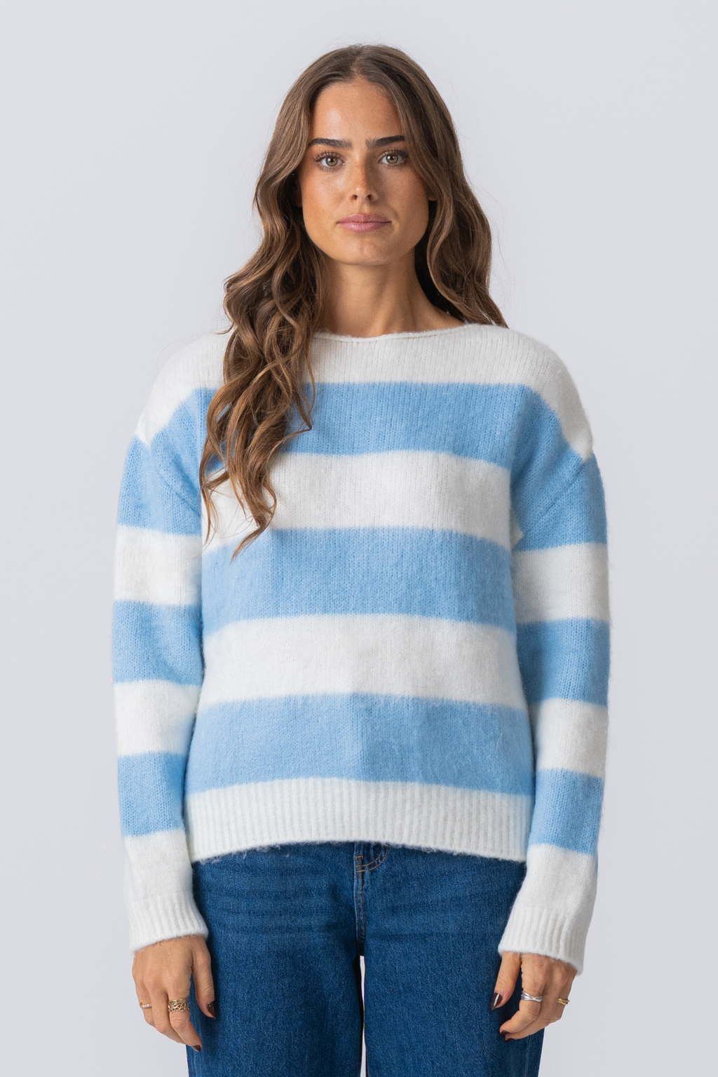 Celina Stribet Striktrøje - Hvid/Himmelblå