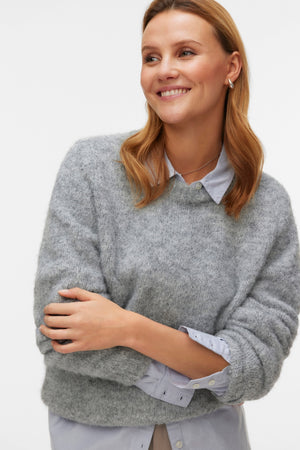 Novah O-Neck Button Cardi - Medium Grey Melange