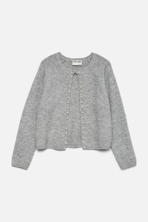 Magalene O-Neck Pearl Cardigan - Medium Grå Melange