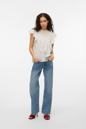 Vero Moda Trine Lace Top - Snow White Maguerite Blue Jasper