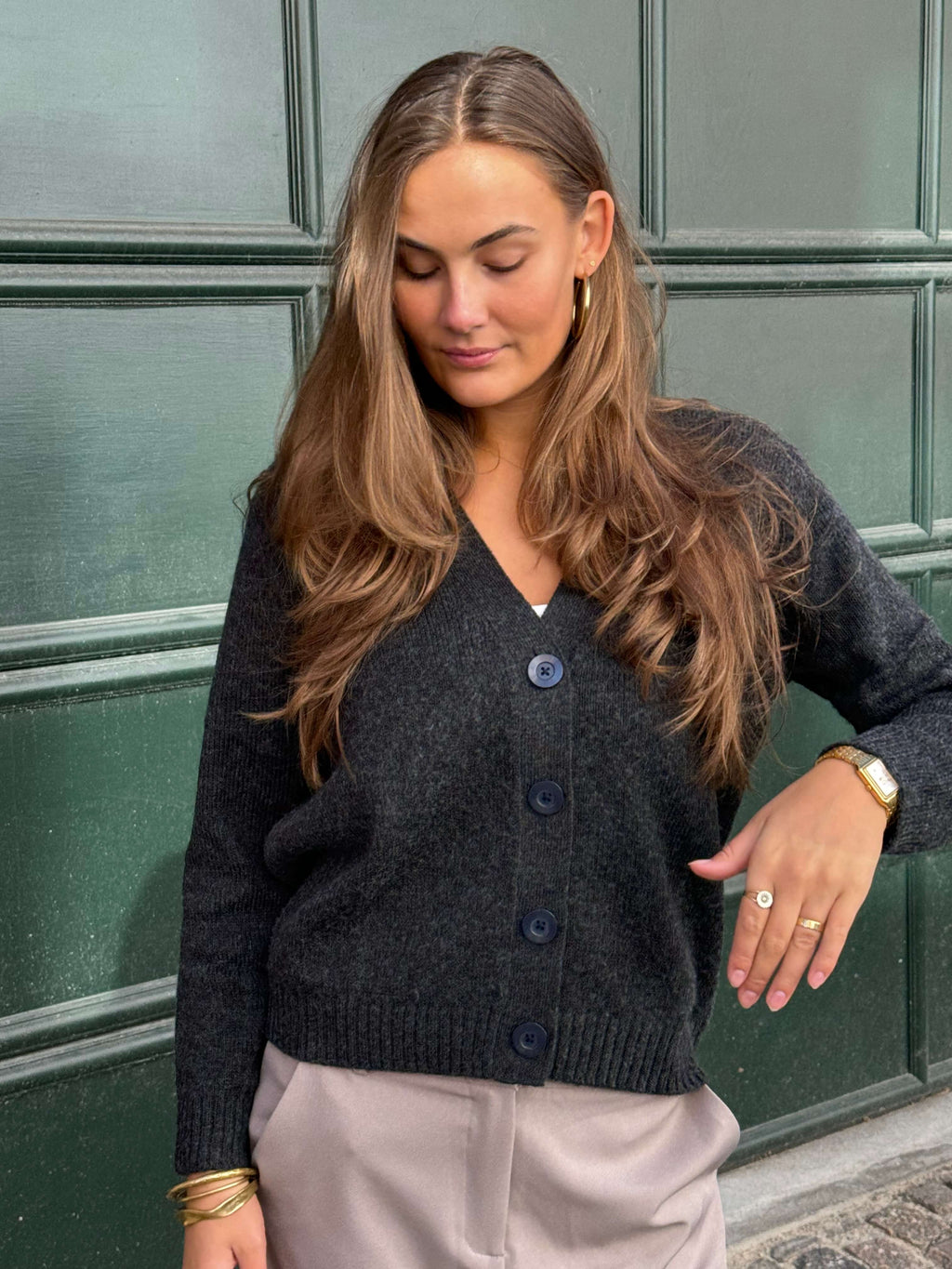 Strikket Cardigan - Mørkegrå Meleret