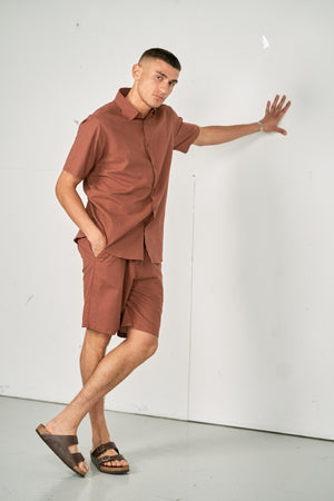 Hørset Sæt Kortærmet Skjorte + Hør shorts – Terracotta