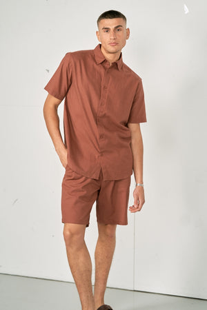 Hørset Sæt Kortærmet Skjorte + Hør shorts – Terracotta