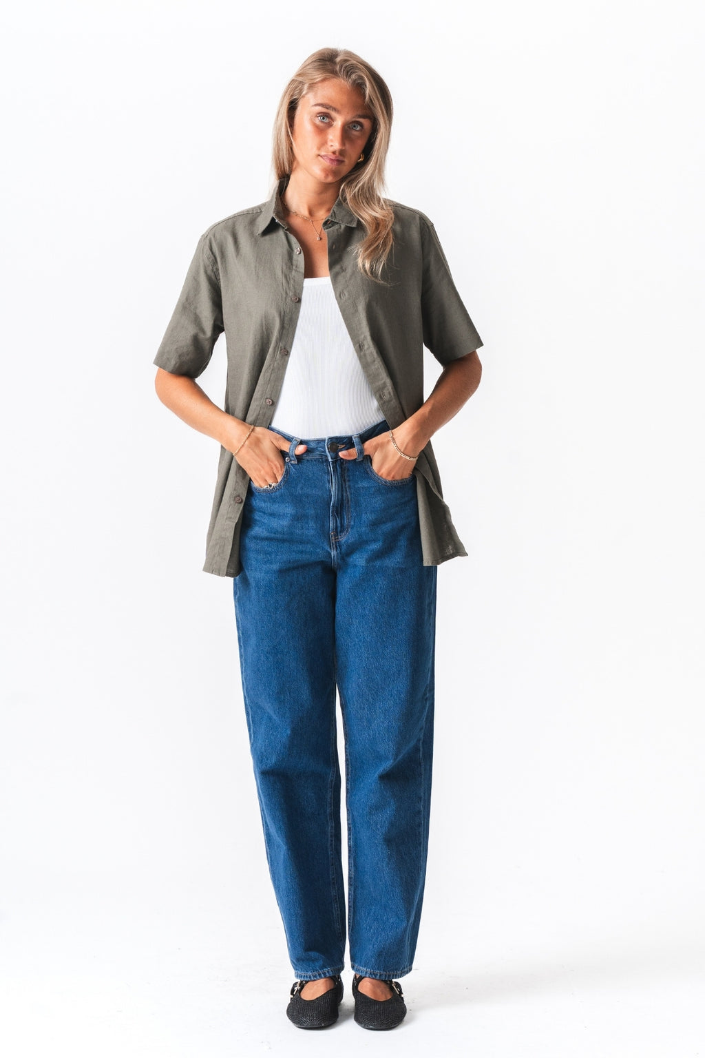 Kortærmet Hørskjorte - Army