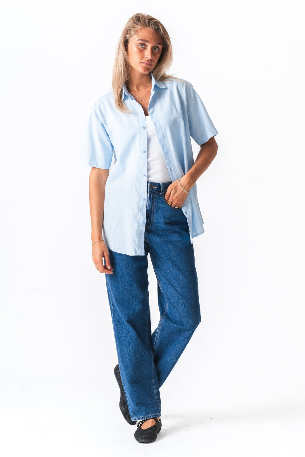 Kortærmet Hørskjorte - Lyseblå