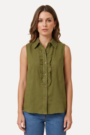 Mio Hør Top - Olive