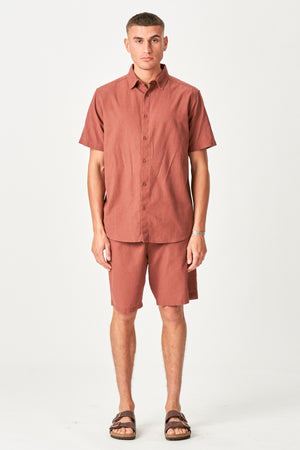 Hørset Sæt Kortærmet Skjorte + Hør shorts – Terracotta