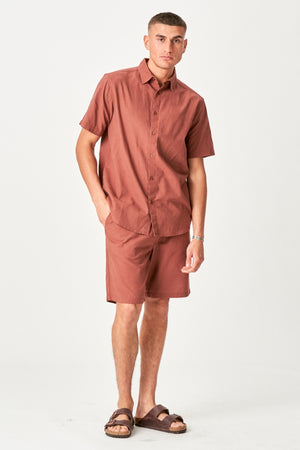 Hørset Sæt Kortærmet Skjorte + Hør shorts – Terracotta