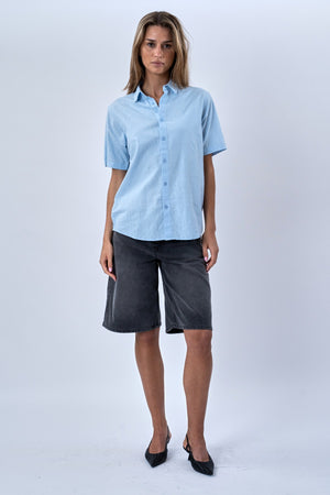 Kortærmet Hørskjorte - Lyseblå
