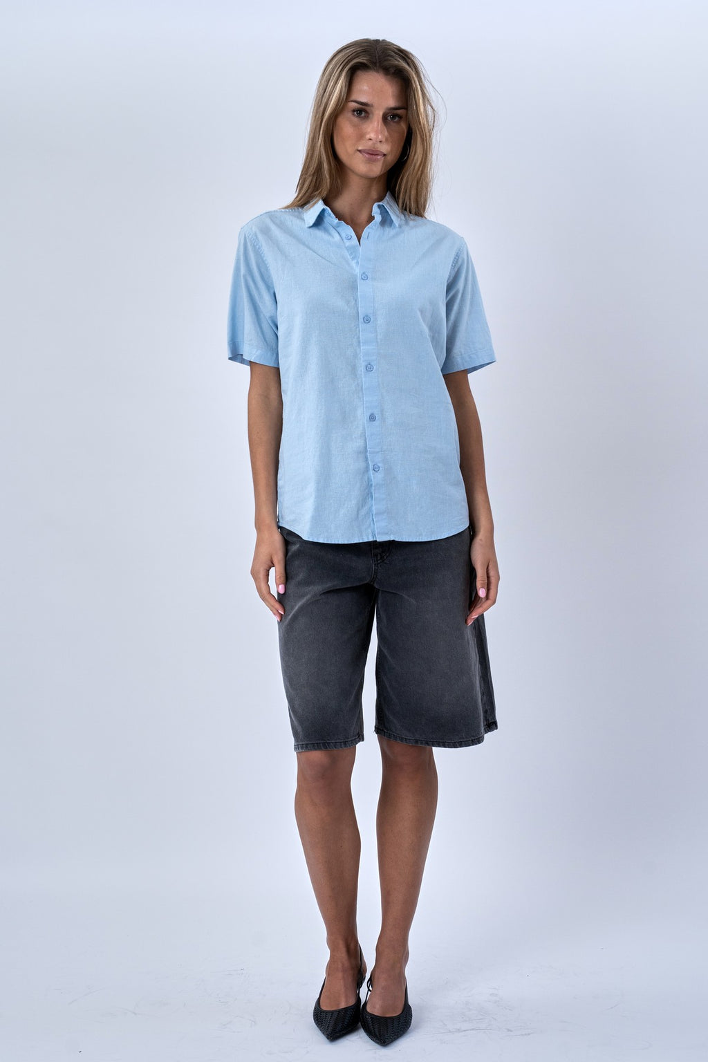 Kortærmet Hørskjorte - Lyseblå
