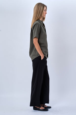 Kortærmet Hørskjorte - Army