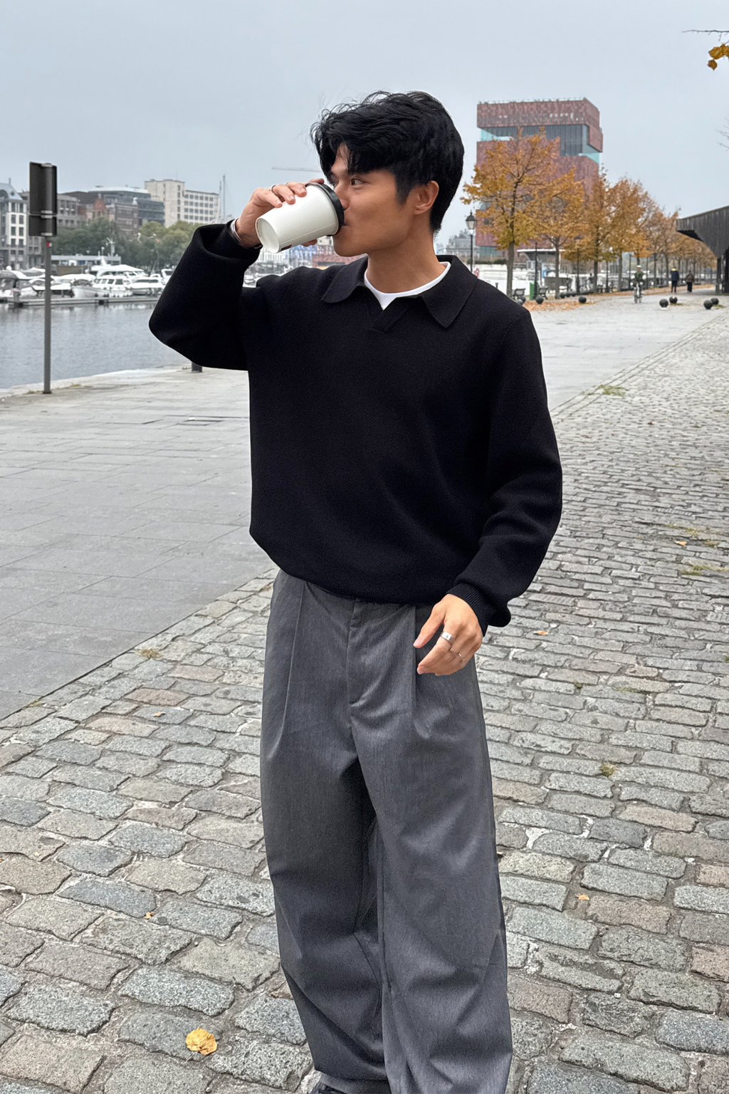 Strikket Langærmet Polo - Sort