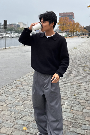 Strikket Langærmet Polo - Sort