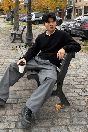 Strikket Langærmet Polo - Sort