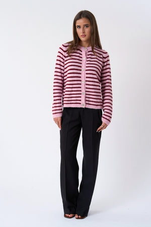 Crizette Stribet Strik Cardigan - Lyserød/Bordeaux