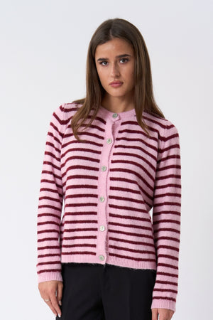 Crizette Stribet Strik Cardigan - Lyserød/Bordeaux